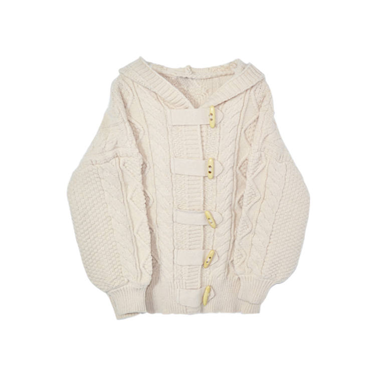 JUFU Knitwear Women's Apricot Hooded Moderate Cardigan