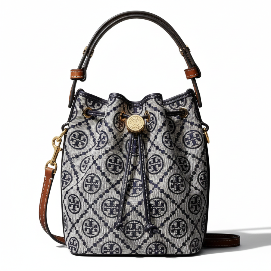 TORY BURCH T Monogram Fabric With Cow Leather Bucket Bag, One Shoulder Handbag Mini Women's Marine Blue & Gray