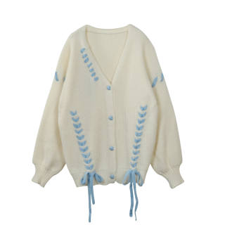 JUFU Knitwear Women's White V Neck Moderate Cardigan