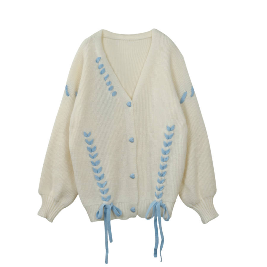 JUFU Knitwear Women's White V Neck Moderate Cardigan