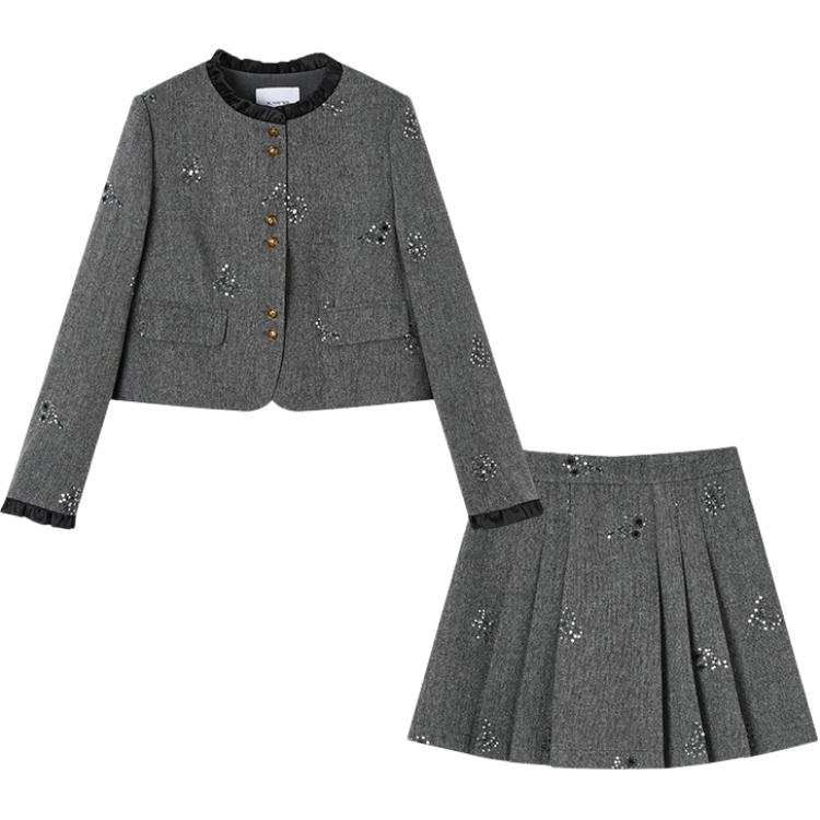 XIANGYING Two Piece Skirt Sets Women's Dark Gray Crew Neck Moderate Short