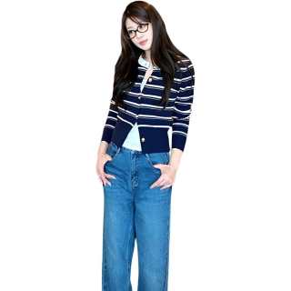 VENICEW Knitwear Women's Navy Blue Crew Neck Moderate Cardigan