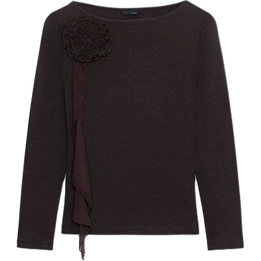ZARA T Shirts Women's Brown Crew Neck