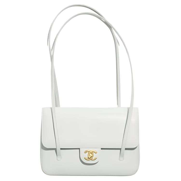 CHANEL Grain Embossed Shiny Calfskin & Gold Metal Flap Bag Shoulder Bag Small Women's White