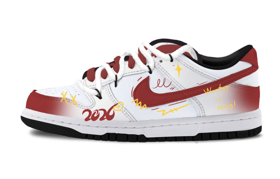 Nike Nike Dunk 'White/Black Panda, Red Flame Graffiti Pu Low top Skateboard Shoes Unisex White Red