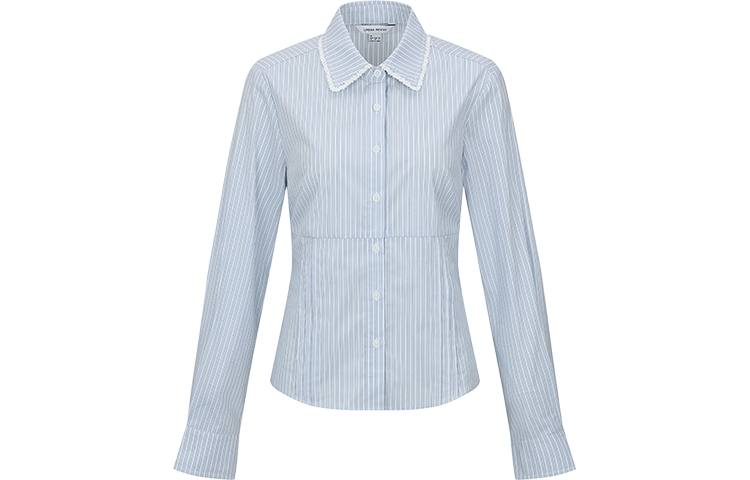 URBAN REVIVO Shirts Women's Light Blue Stripes Polo Collar Thin Shirt