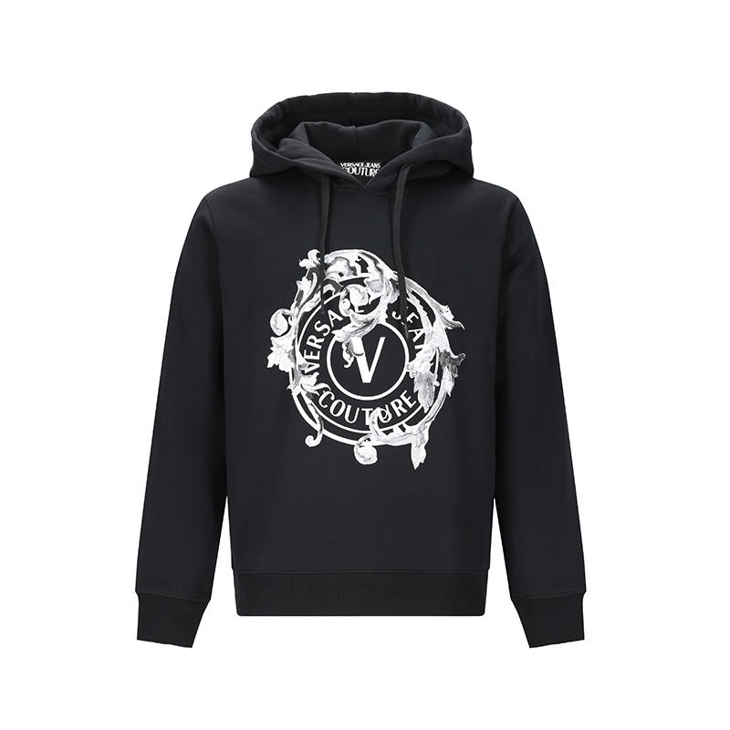 VERSACE JEANS COUTURE Versace, Print Porcelain Barocco Hooded Long Sleeve, Fleece Lined Sweatshirt Men's Black