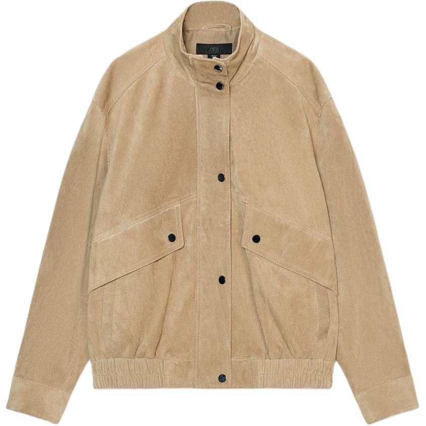 ZARA Leather Jackets Women's Tan Stand Collar Moderate
