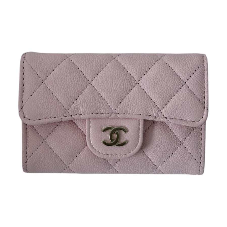 CHANEL Shiny Grain Calfskin & Gold Metal Card Holder Women's Cherry Blossom Pink