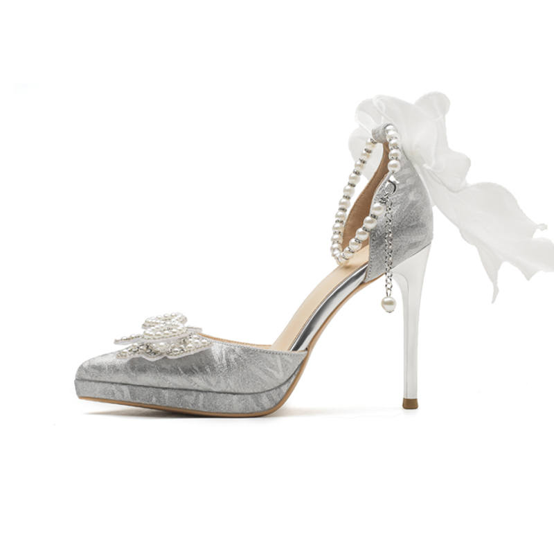 DUNNU Leather Slim Heel High Heels Women's Silver