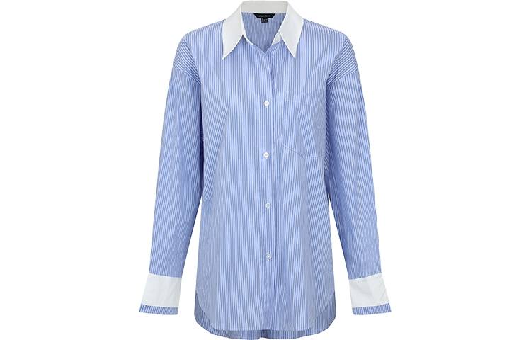 URBAN REVIVO Shirts Women's Blue Stripes Lapel Moderate Shirt