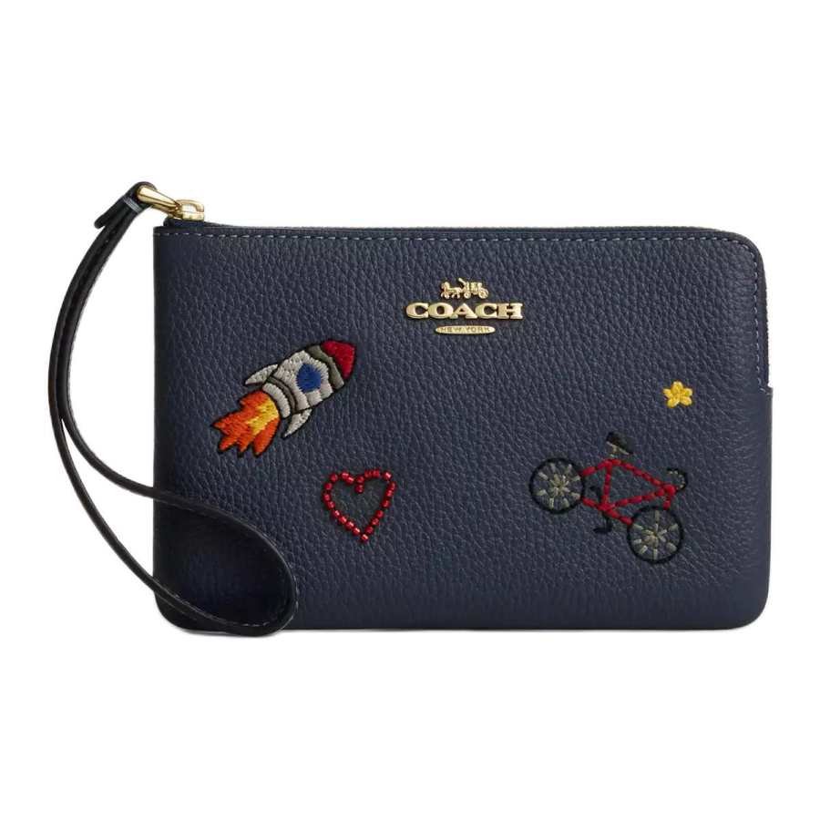 COACH Corner ZipWristlet Leather Clutch Small Women's Dark Color Denim