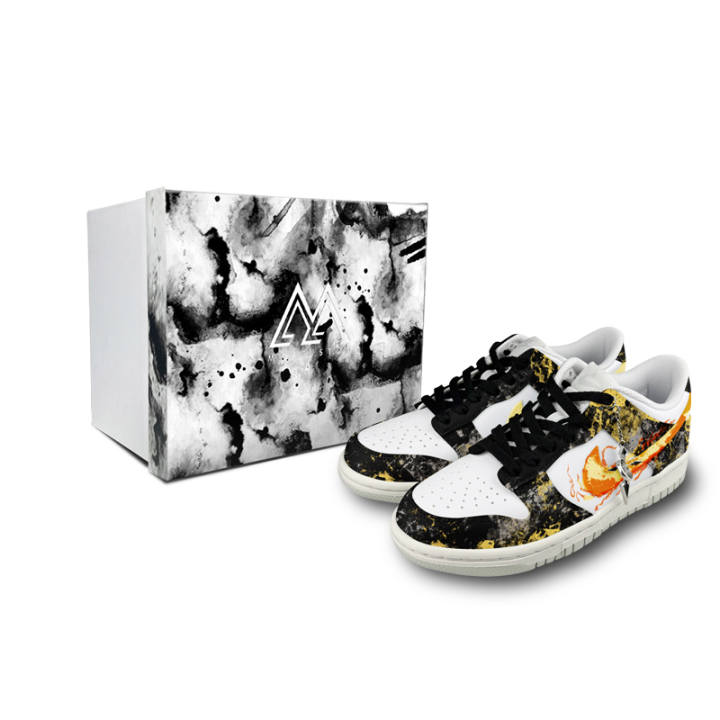 Nike Nike Dunk Black Gold Flame Slip Resistant Abrasion Resistant Low top Kids' Skateboarding Shoes Black White Unisex