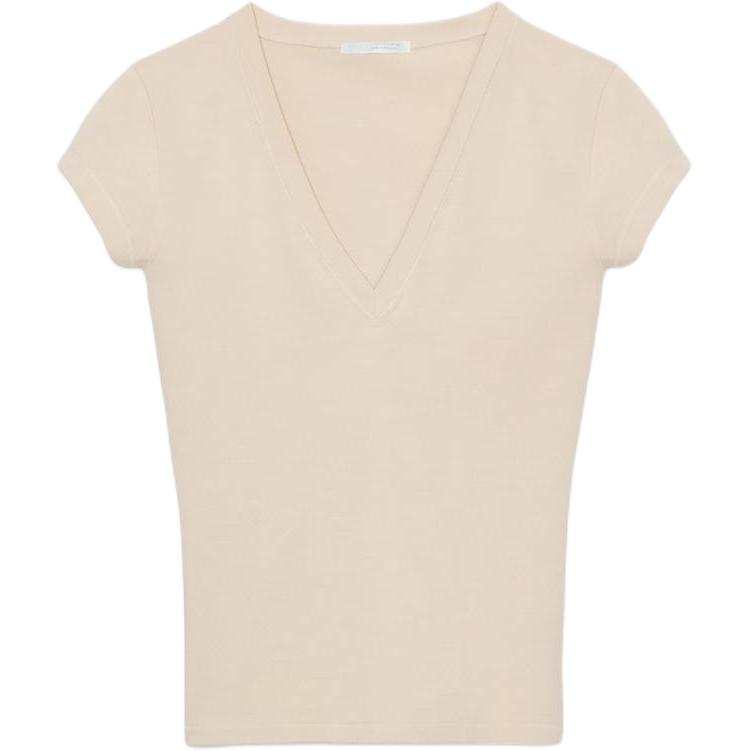 ZARA T Shirts Women's Beige V Neck Moderate Straight Fit