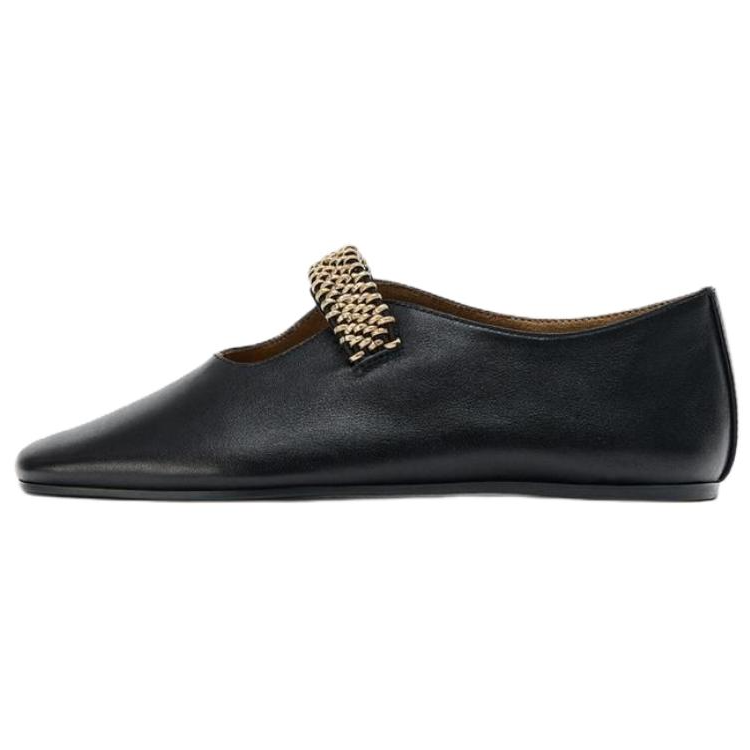 ZARA Cow Leather Flat Mary Jane Shoes 0.5cm Women's Black
