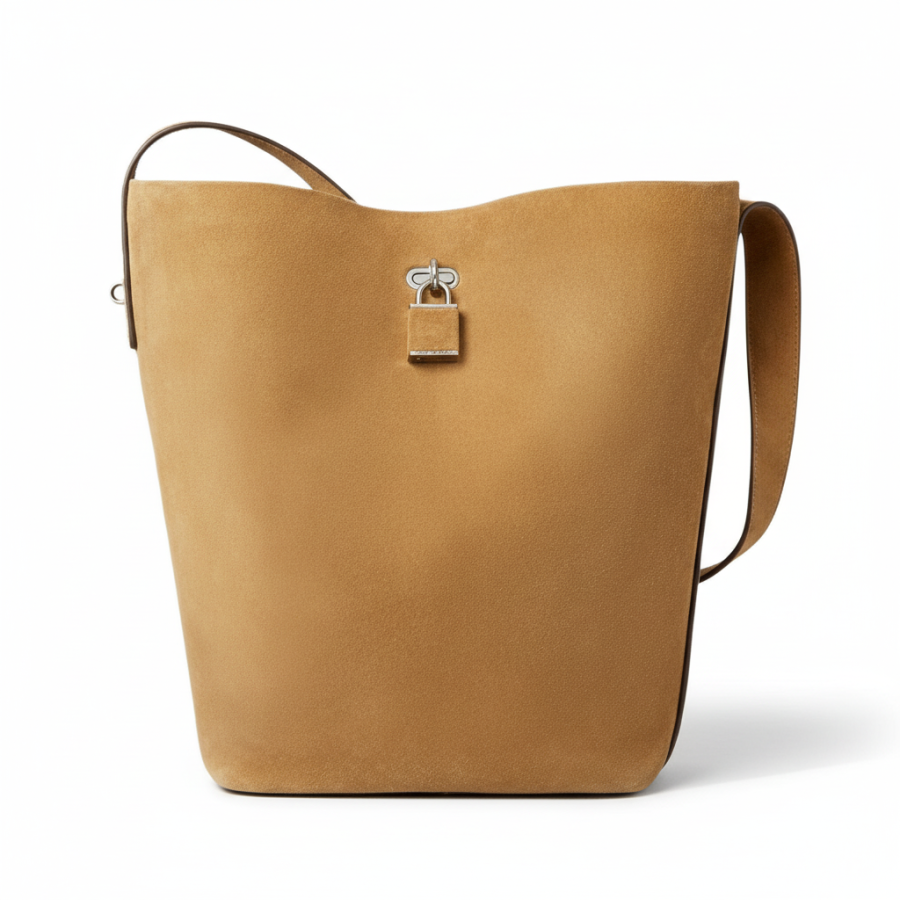 TORY BURCH Lock Closure Cow Leather Hobo Water Bucket Bag, Shoulder Bag Women's Tobacco