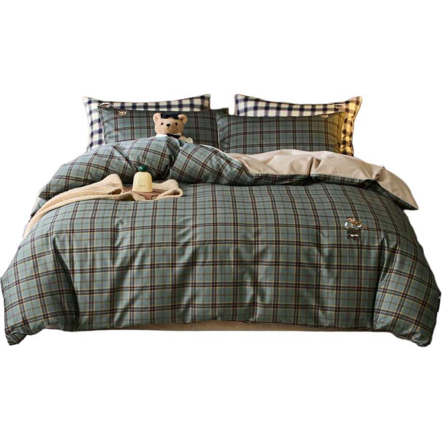 Teenie Weenie Bear Preppy Style Plaid 100% Cotton Single Duvet Cover
