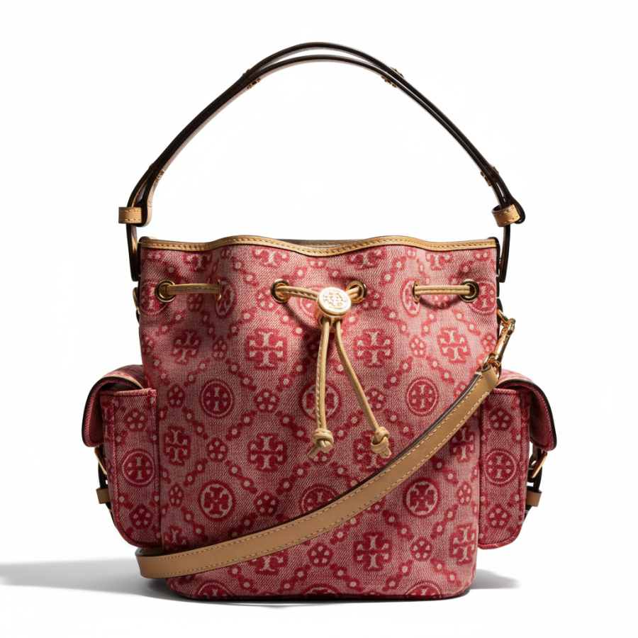 TORY BURCH T Monogram Cotton Denim With Calfskin Handbag Small Women's Red