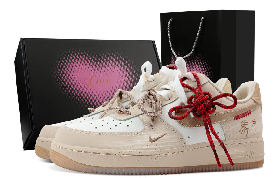 Nike Nike Air Force 1 Horse To Red Rope, Heart Box Slip Resistant Abrasion Resistant Low top Skateboard Shoes Women's Ecru