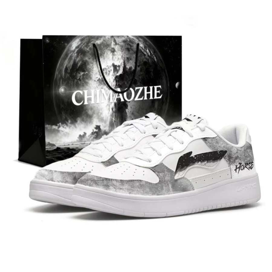 Li-Ning Li Ning Floating Boat Galileo Manufacturing Synthetic Leather Low top Skateboard Shoes Men's Black White Gray
