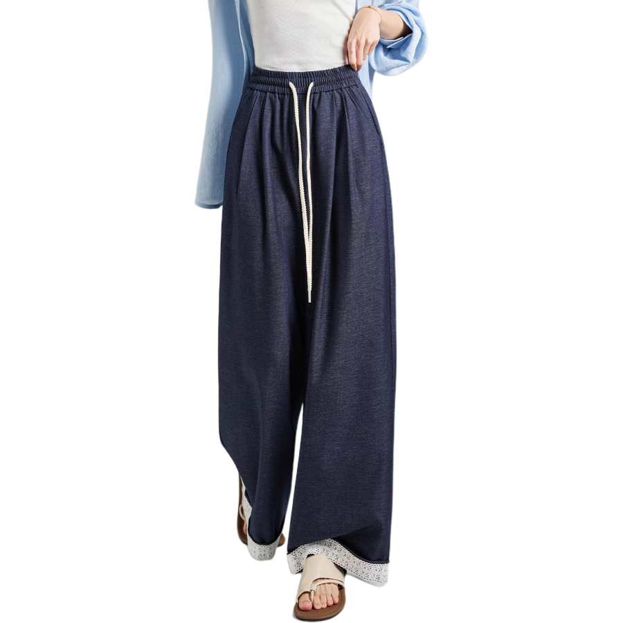 Tonlion Casual Pants Women's Dark Denim Blue Moderate Straight Fit Pants