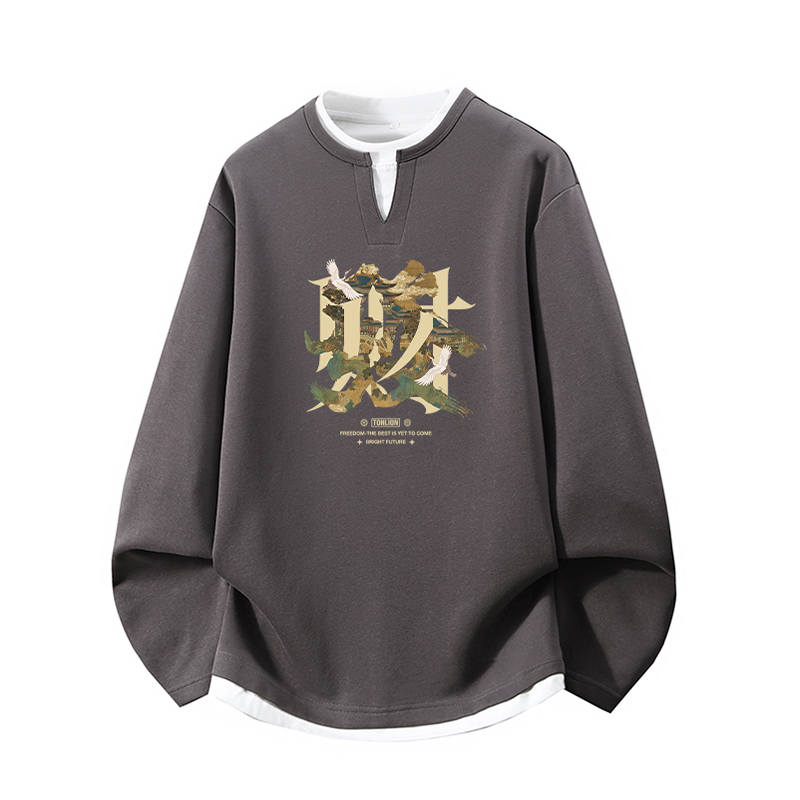 Tonlion Sweatshirts Unisex Crew Neck Moderate Mock Two Piece