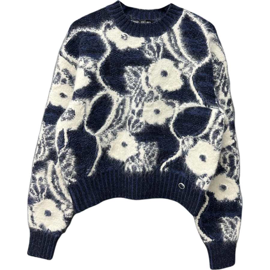 CHANEL Knitwear Women's Blue With White Lettering Crew Neck Moderate Other