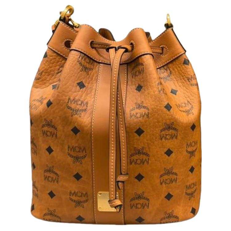 MCM Dessau Artificial Leather With Cow Leather Bucket Bag Handbag Medium Unisex Cognac