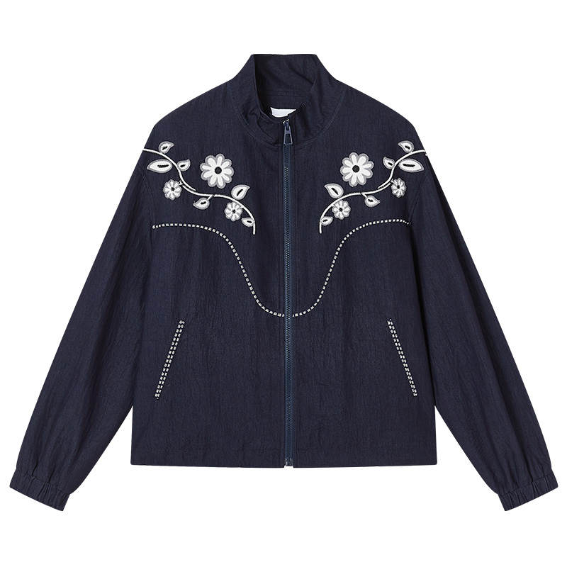 XIANGYING Cropped Coats Women's Navy Blue Stand Collar Moderate