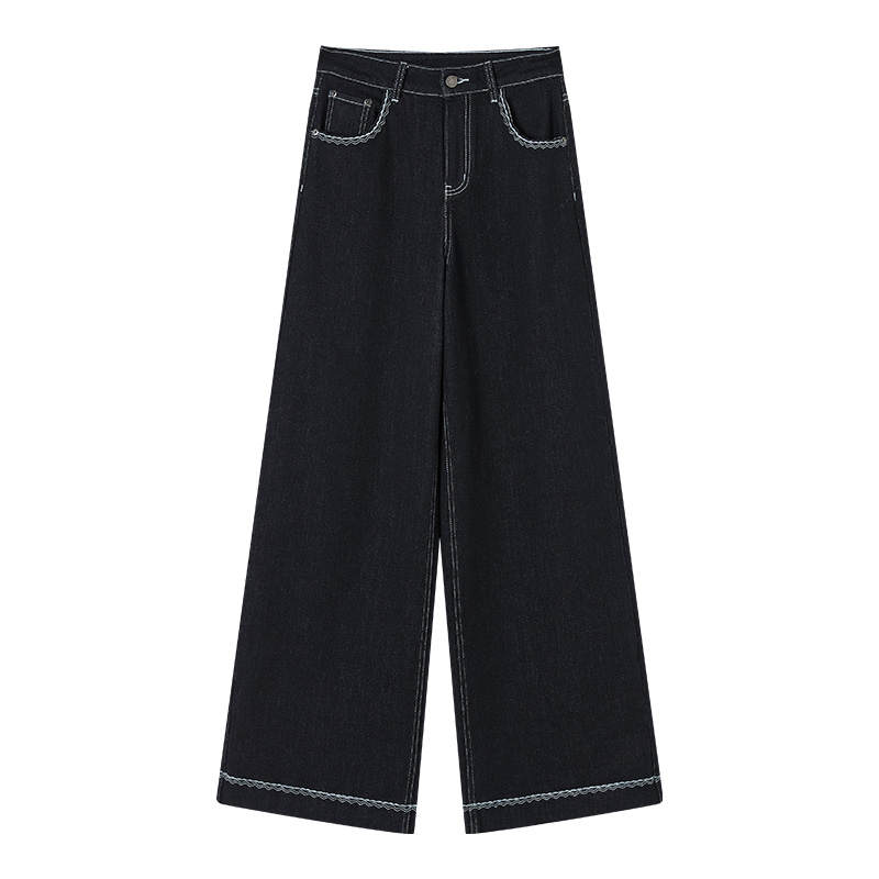 XIANGYING Jeans Women's Navy Blue Moderate Wide Leg Pants