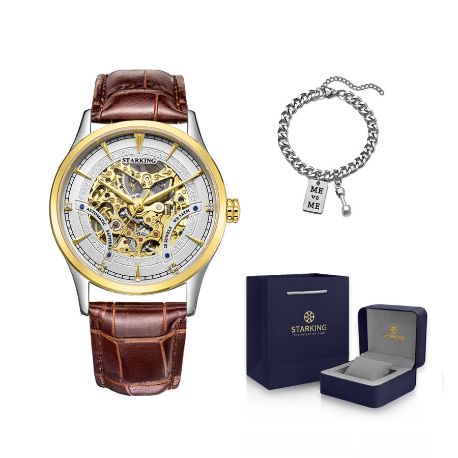 STARKING Automatic Mechanical Movement Stainless Steel Watchband Watch Men's Watches Skeleton Dial