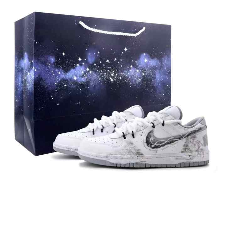 Nike Nike Big Ink Dyed White Ling Leather Lightweight Breathable Low top Skateboard Shoes Men's Black White Gray