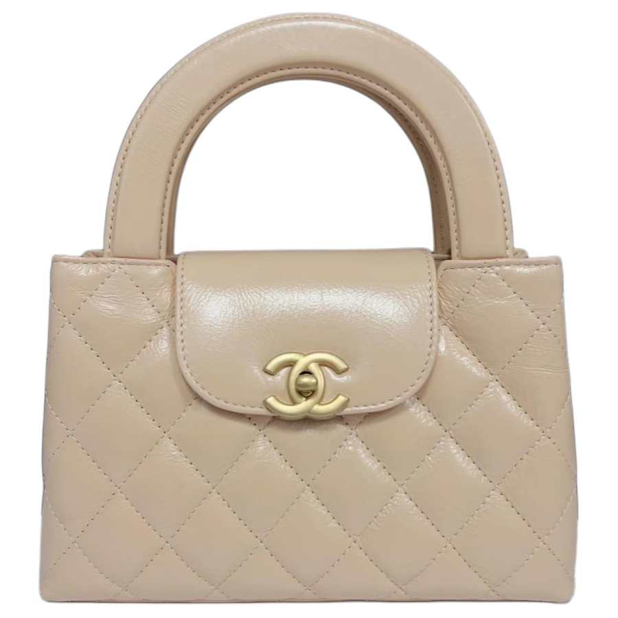 CHANEL Sheepskin Material Gold Metal Handbag Mini Women's Beige