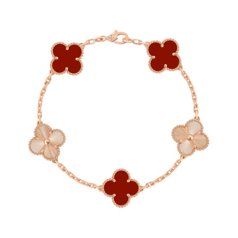 Van Cleef & Arpels Alhambra 18K Gold Red Chalcedony Bracelets Unisex Rose Gold/Red