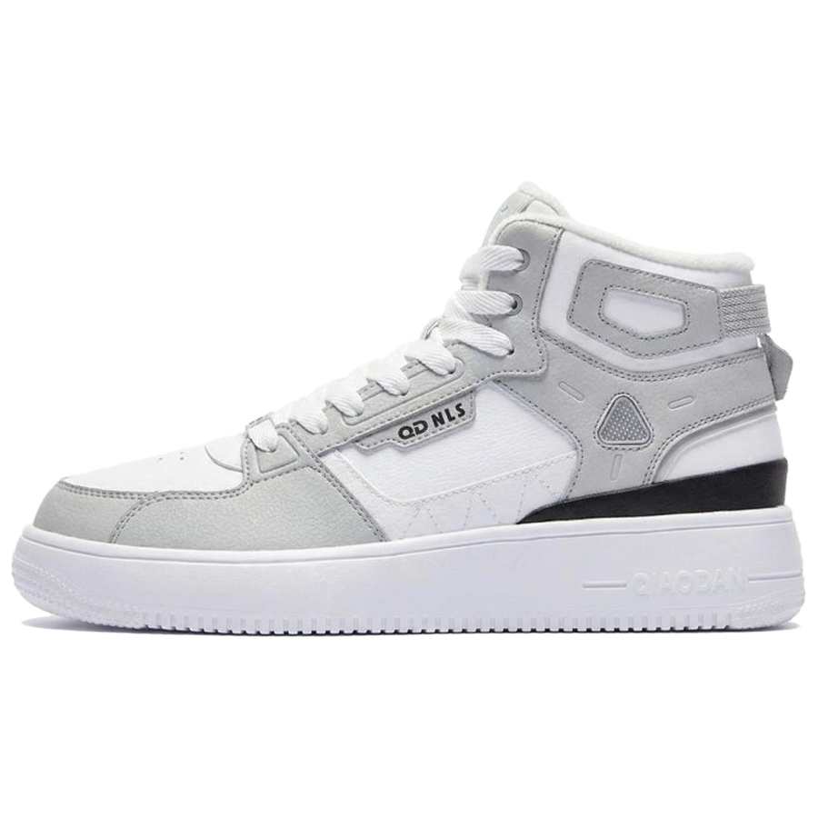 QIAODAN Fleece Lined, Comfortable Versatile Abrasion Resistant High top Skateboard Shoes Men's White Gray