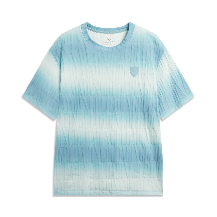 Li-Ning Li Ning T Shirts Men's Frost Blue All Over Print Crew Neck Moderate Straight Fit