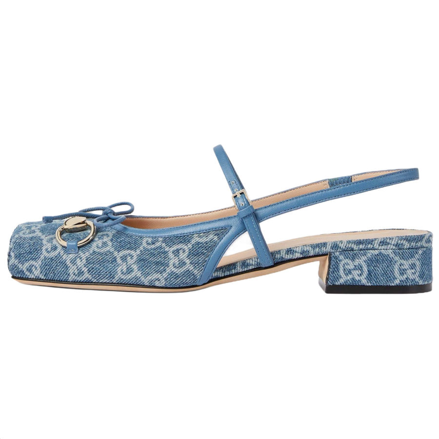 GUCCI Horsebit Denim, Leather Casual Shoes 2.5cm Women's Blue