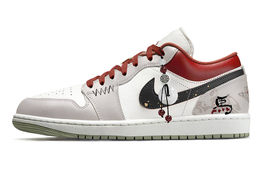 Jordan Jordan Air Jordan 1 Scarlet Horse Auspicious Leather Low top Children's Basketball Shoes Gray Unisex