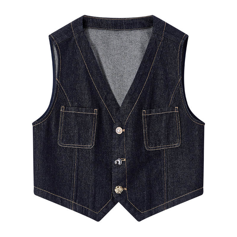 XIANGYING Vests Women's Navy Blue V Neck Thin Denim