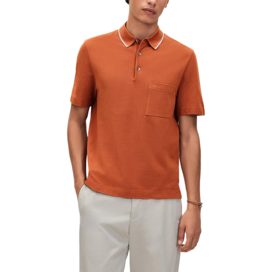 HERMES Polo Shirts Men's Burnt Orange Polo Collar Moderate Straight Fit