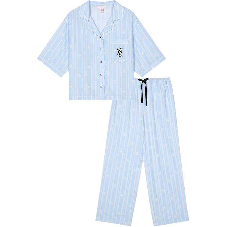 Victoria's Secret Pajama Set Women's Blue Stripes Pattern