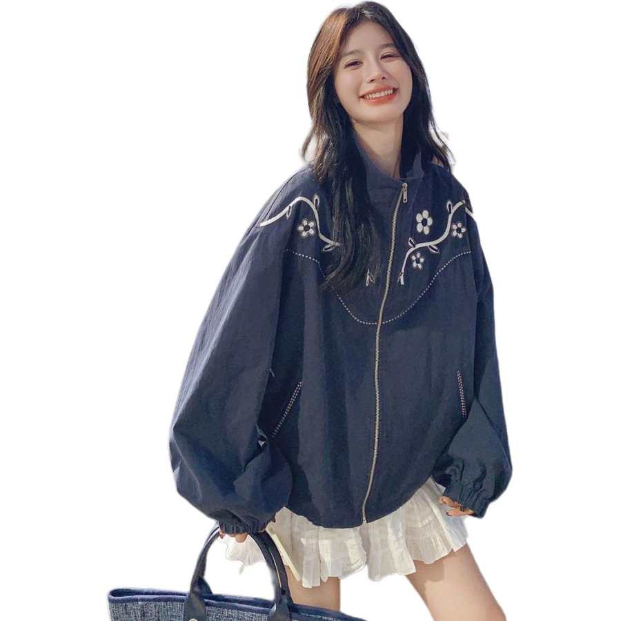 Cotton Gene Jackets Women's Navy Blue Baseball Collar Thin Workwear