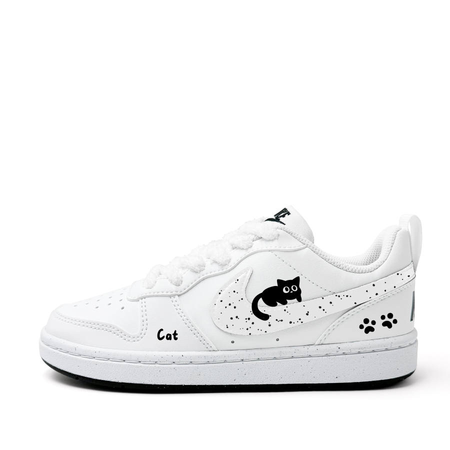 Nike Nike Court Borough Black Cat Synthetic Leather Low top Kids' Skateboarding Shoes White Teenagers