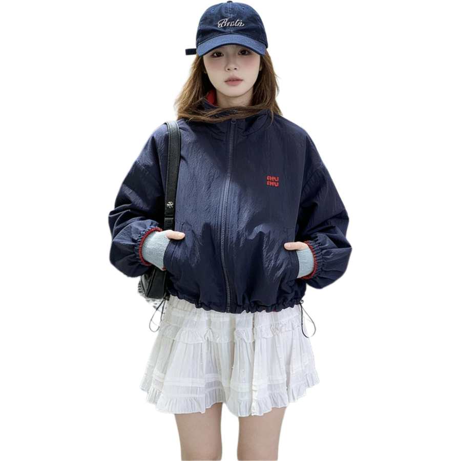 Cotton Gene Jackets Women's Navy Blue Reversible Stand Collar Thin Reversible