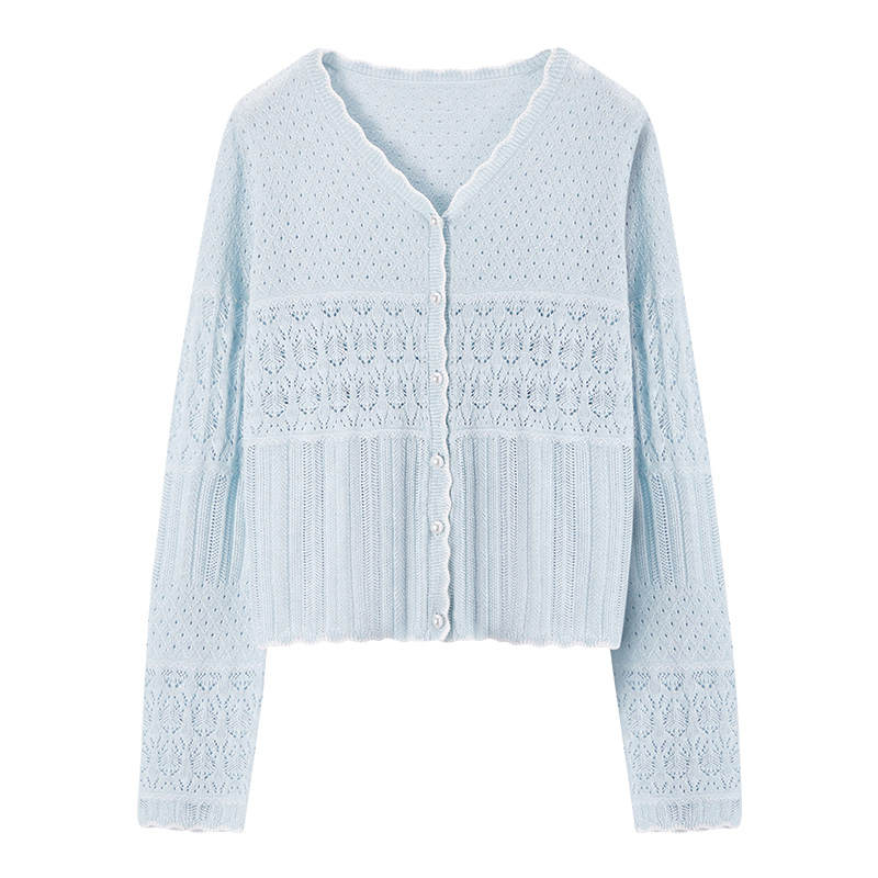 XIANGYING Knitwear Women's Light Blue V Neck Moderate Cardigan