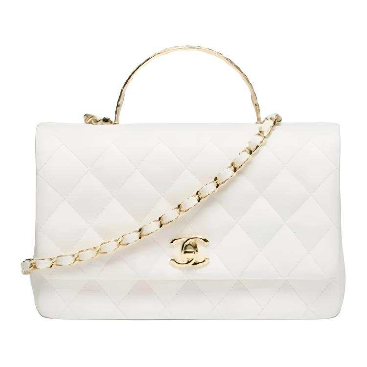 CHANEL Shiny Grain Calfskin & Gold Metal One Shoulder Handbag Women's White