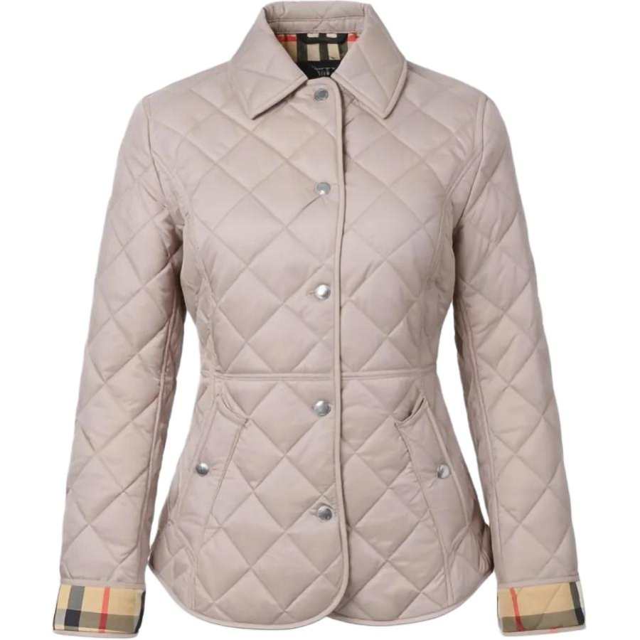 Burberry Puffer Jackets Women's Taupe Lapel Moderate Straight Fit