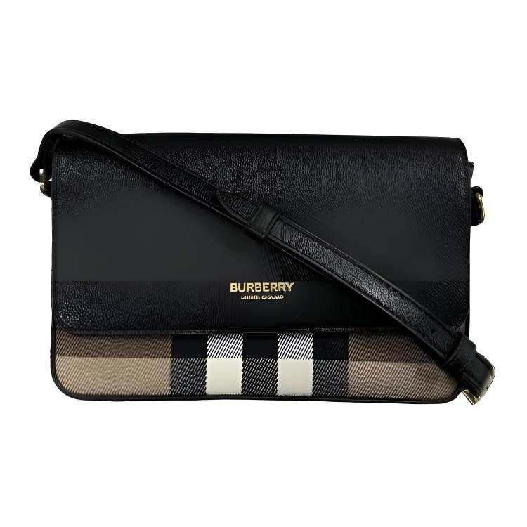 Burberry Cowhide Patchwork Canvas Shoulder Bag Women's Black