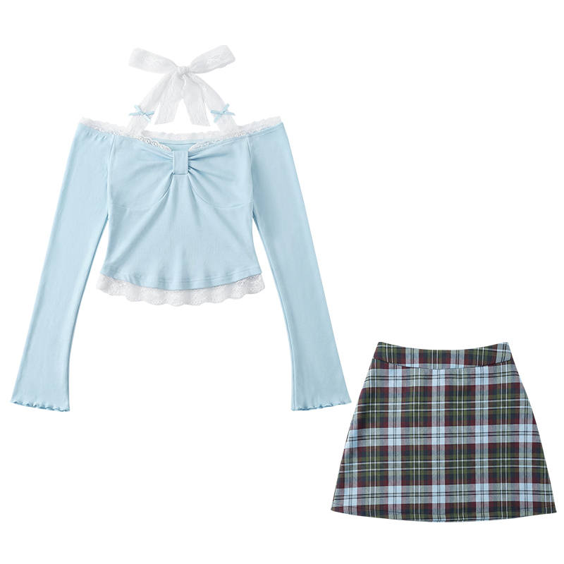 FABRIC PIG Two Piece Skirt Sets Women's Light Blue Top+Skirt Boat Neck Moderate Short