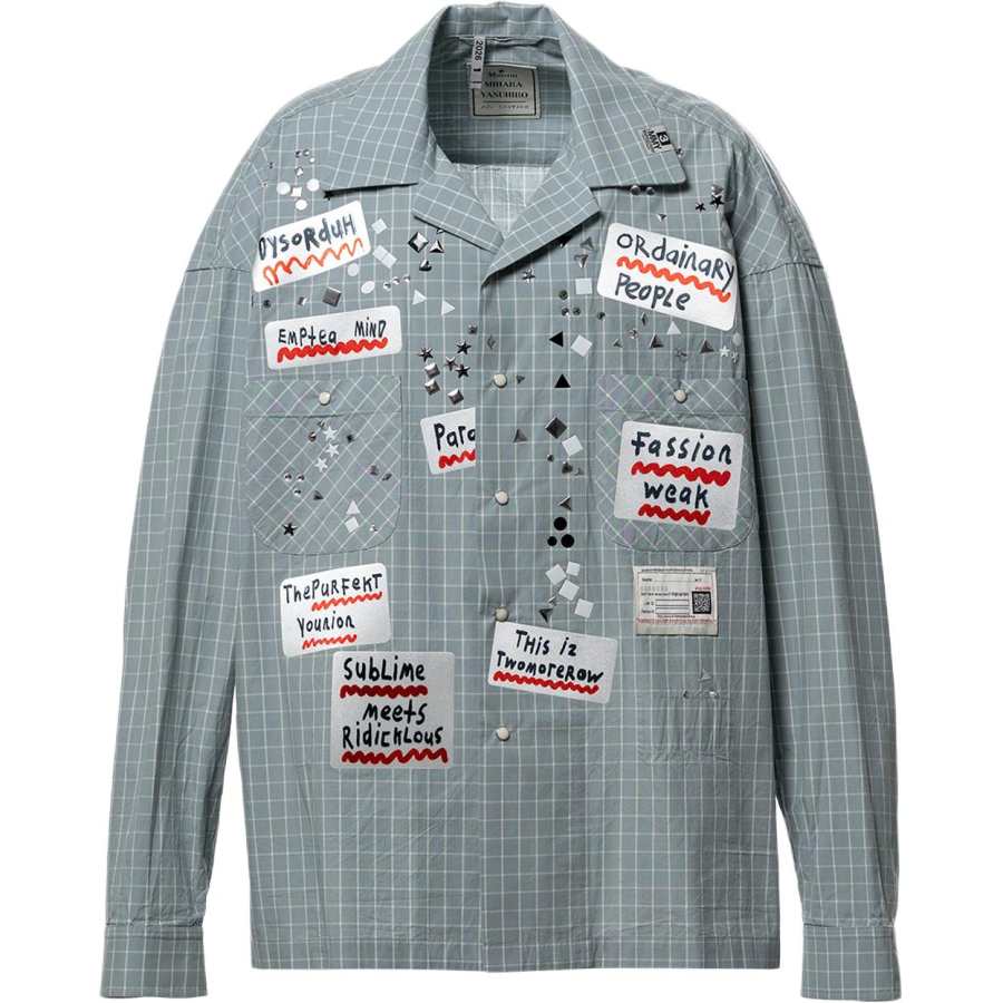 Maison Mihara Yasuhiro SS26 Embellished Sticker Long Sleeve Check Shirt Men's